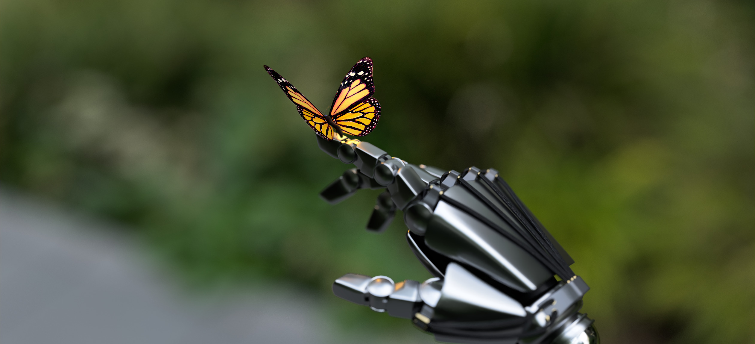 Robot hand with butterfly with 3D models by Jack Ansell and LasquetiSpice.